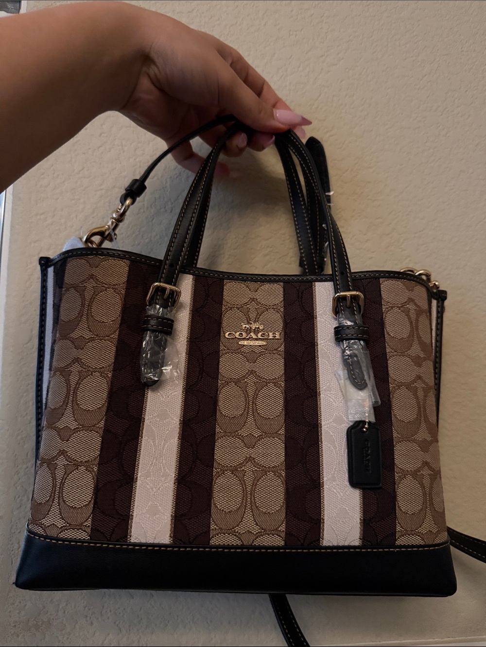 Coach Stripe Signature Tote in Brown and Khaki - Picture 7 of 8